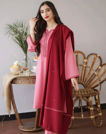 Premium Dhanak Embroidered 3-Piece Suit for Women – Winter Wear Y210
