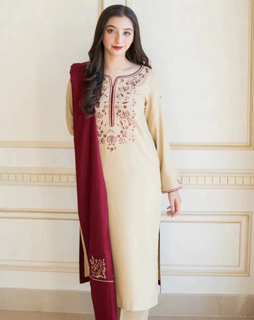 Premium Dhanak Embroidered 3-Piece Suit for Women – Winter Wear Y214