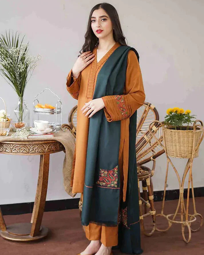 Premium Dhanak Embroidered 3-Piece Suit for Women – Winter Wear Y215