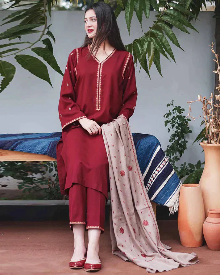 Premium Dhanak Embroidered 3-Piece Suit for Women – Winter Wear Y213