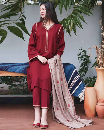Premium Dhanak Embroidered 3-Piece Suit for Women – Winter Wear Y213