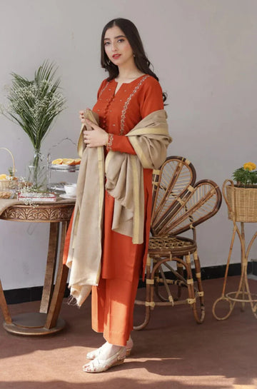 Premium Dhanak Embroidered 3-Piece Suit for Women – Winter Wear Y212
