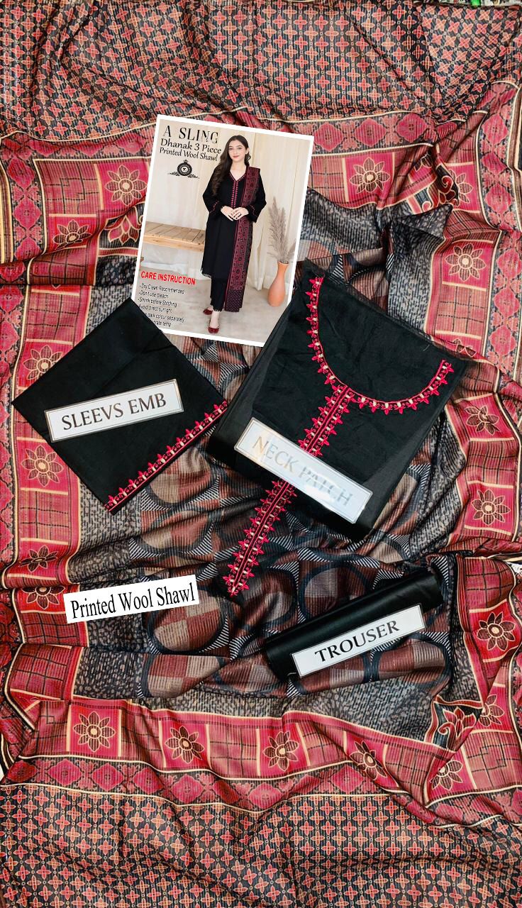 Premium Dhanak Embroidered 3-Piece Suit for Women – Winter Wear Y218